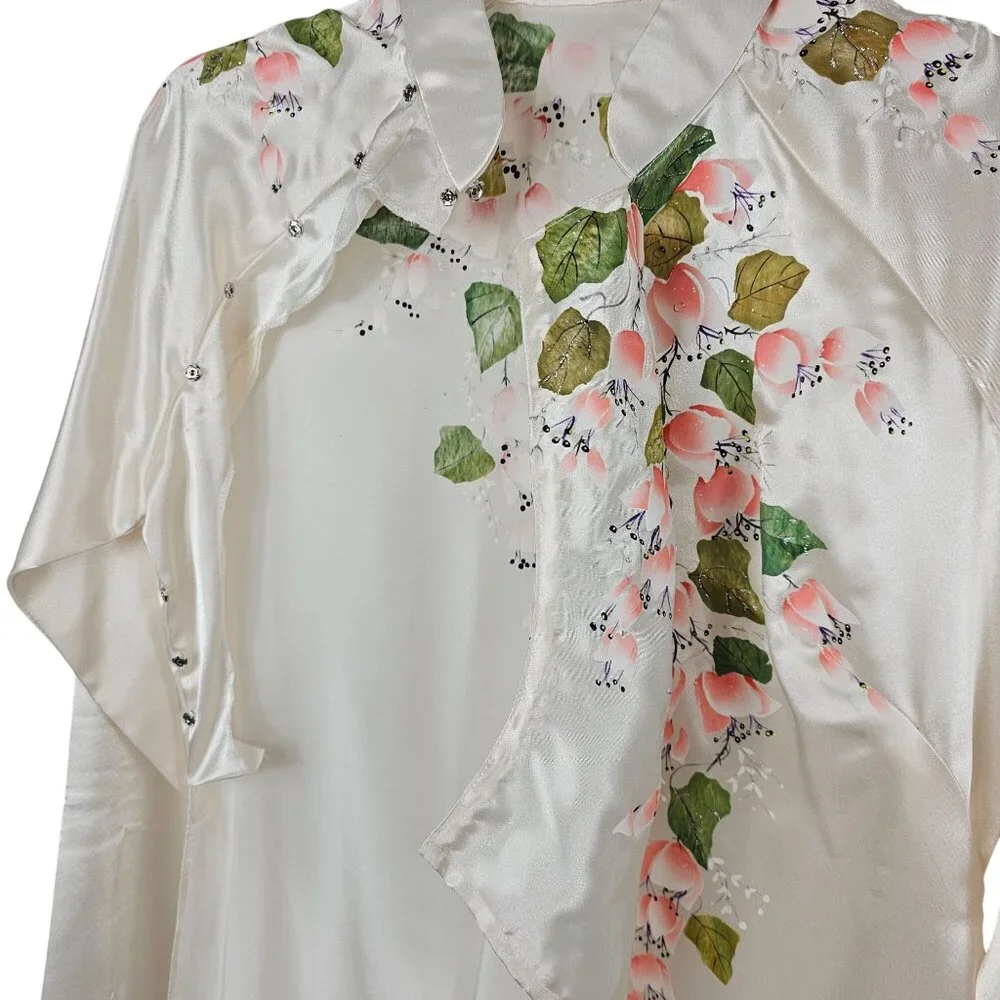 VTG Robe + Pant Sleepwear Set White Satin Floral Soft Loungewear Retro MCM OS